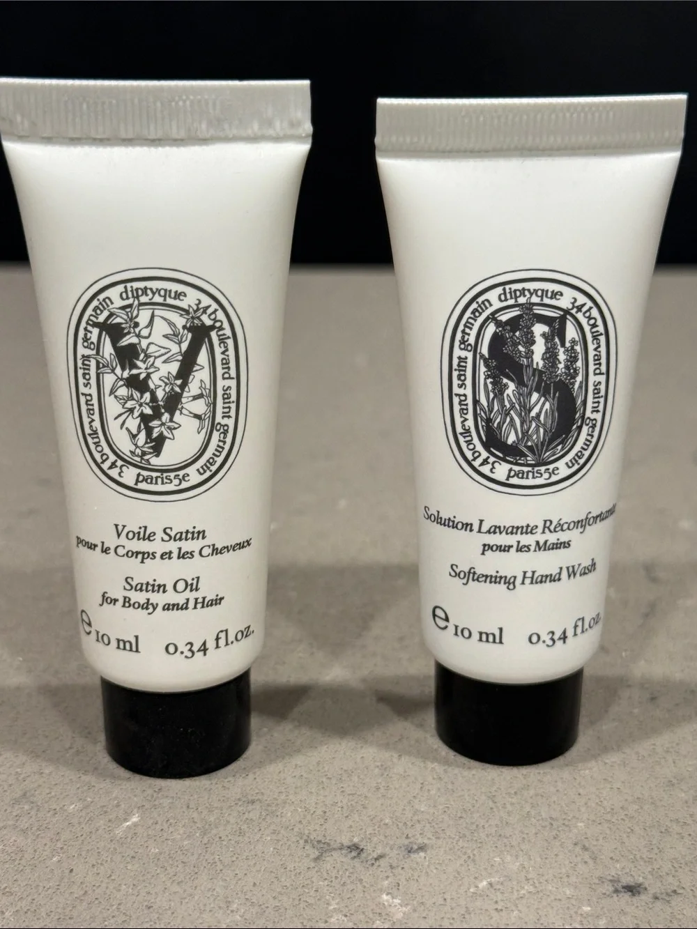 diptyque satin oil for body/hair & softening hand soap, travel size.  new/unused